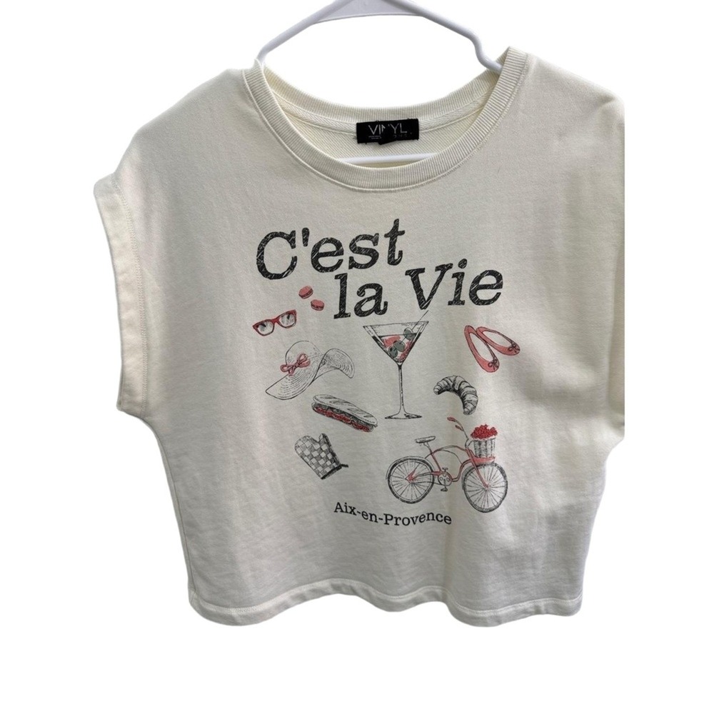 Vinyl Icons French "That's Life" Cream Cropped Top Chic‎ Cap Sleeve Sweatshirt L